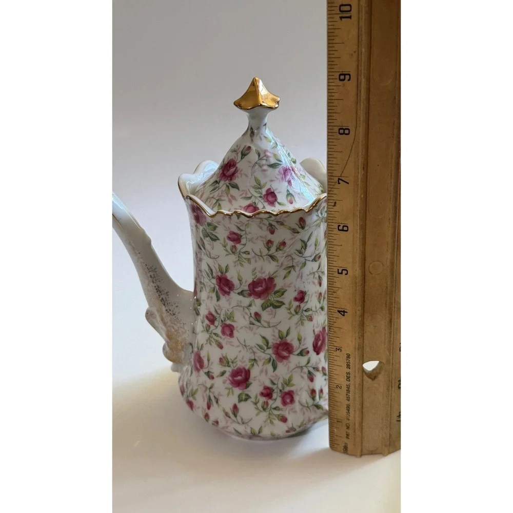 Vintage Lefton China Pink Rose Chintz Teapot Sugar Creamer Set NE661R Japan